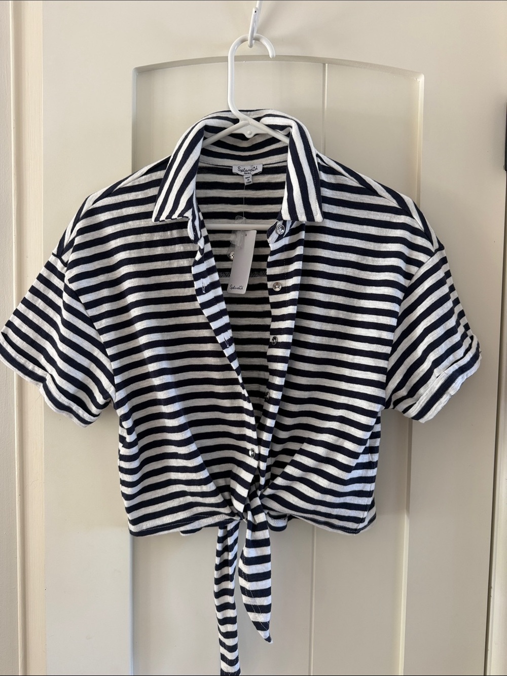 Splendid Navy and White Striped Tie-Front Button Down Shirt
